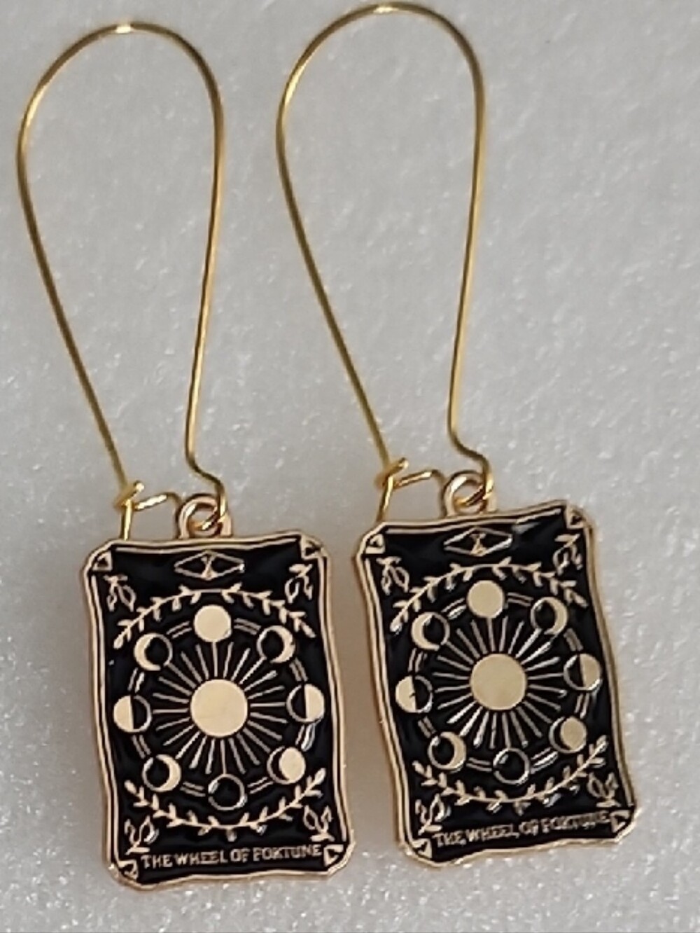 Hand Crafted Gold and Black Wheel of Fortune Tarot Drop Earrings